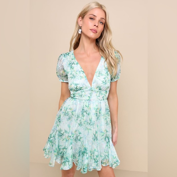 Lulus Adored Behavior Light Green Floral Cutout Puff Sleeve Mini Dress - Picture 1 of 3